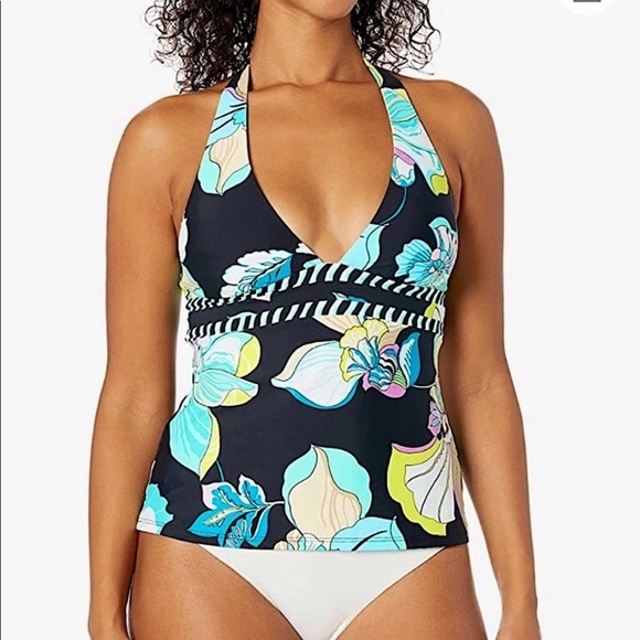 NWT Trina Turk Sintra Black Tropical Flora Halter Tankini Swimsuit Set Size 2 - Picture 7 of 16